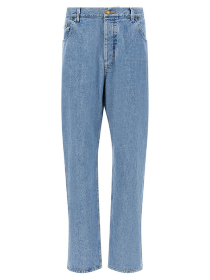 Jeans by Thom Browne for men in denim cotton gold & light-blue features a refined silhouette with a refined straight-leg, defined by a and a refined long for a refined finish.