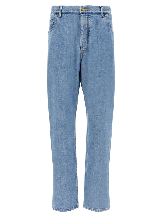 Jeans by Thom Browne for men in denim cotton gold & light-blue features a refined silhouette with a refined straight-leg, defined by a and a refined long for a refined finish.
