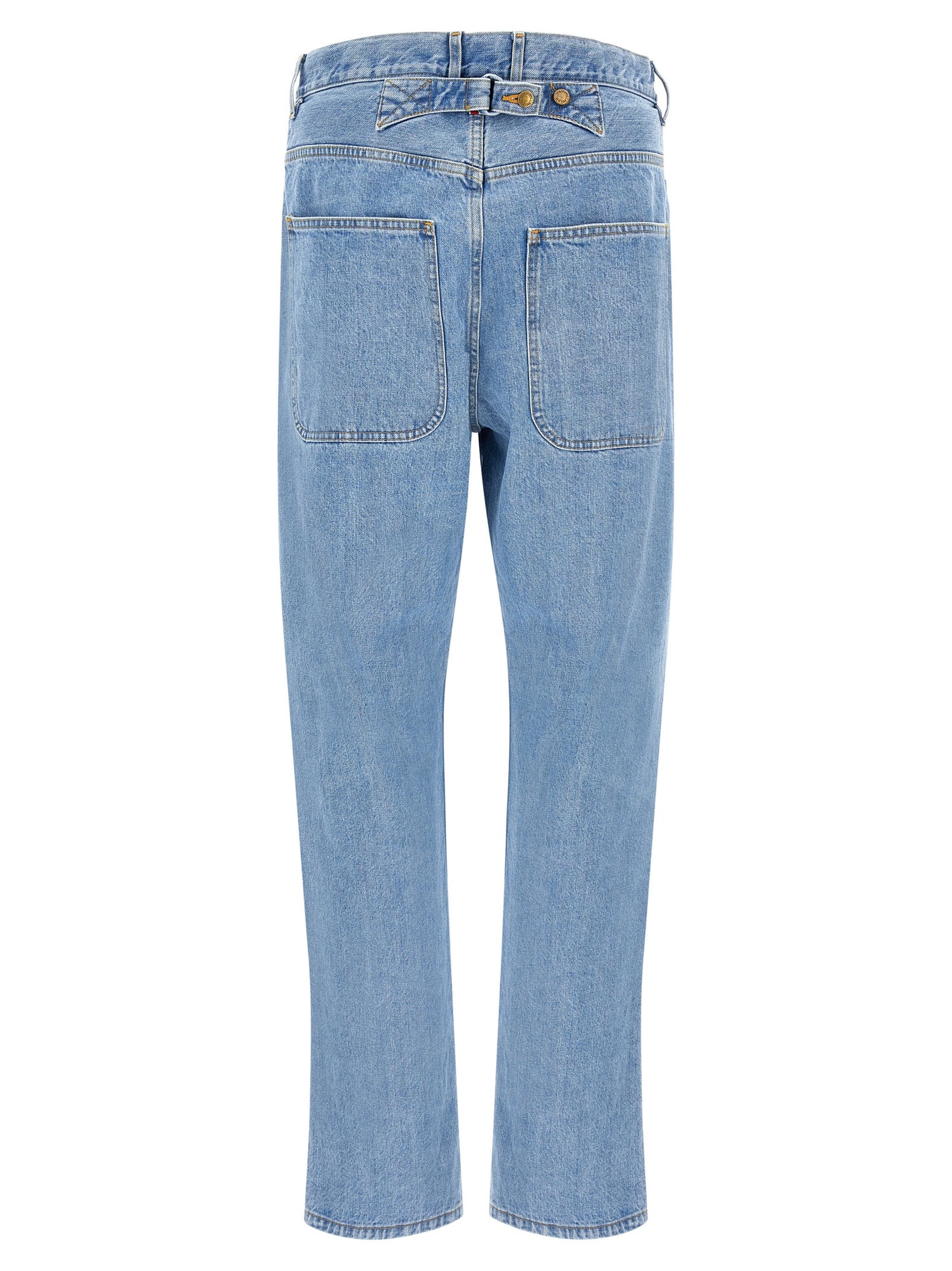 Jeans by Thom Browne for men in denim cotton gold & light-blue features an sartorial straight-leg and long with a cut for a sartorial finish.