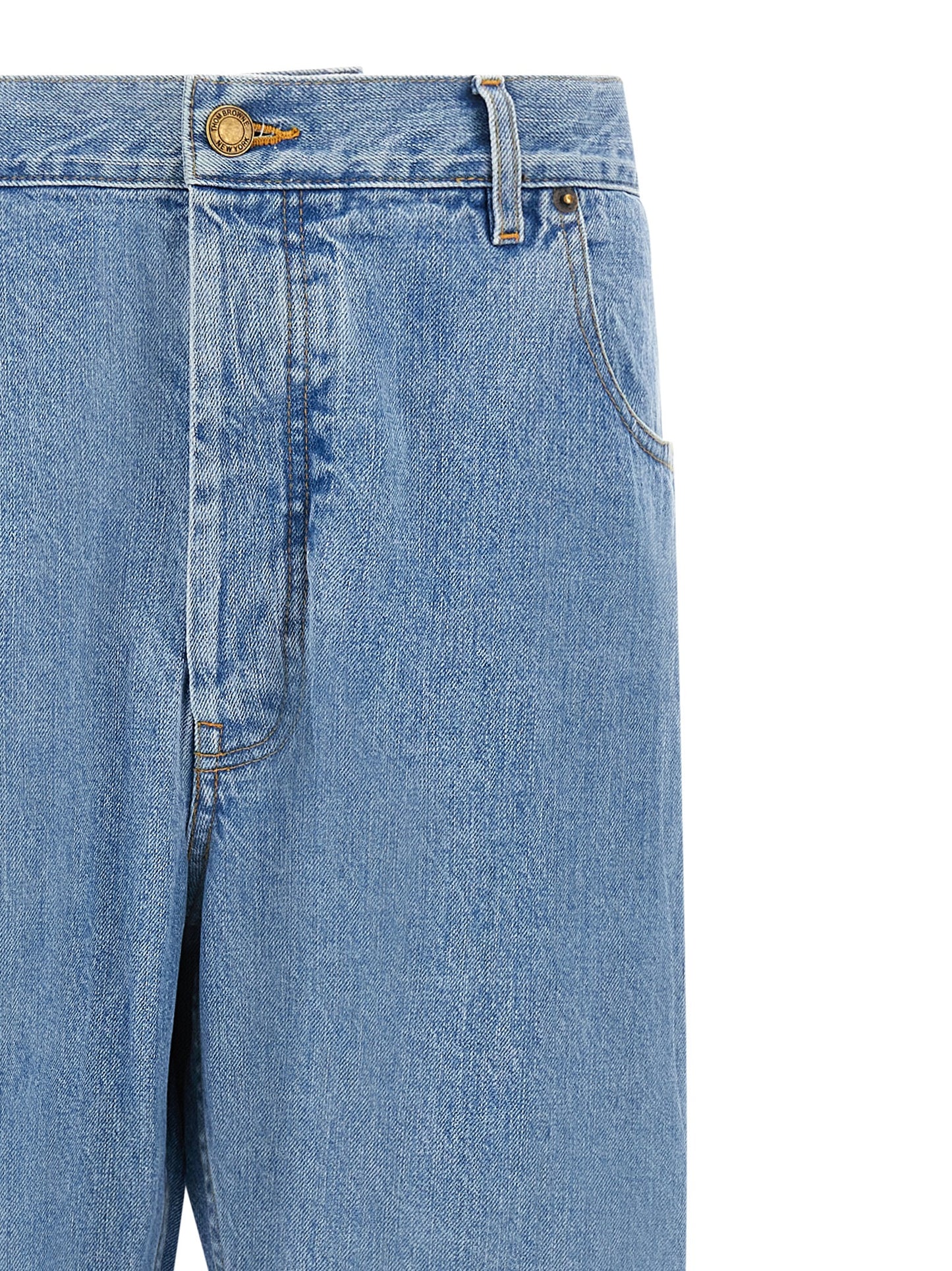 Jeans by Thom Browne for men in denim cotton gold & light-blue presents a refined pantology silhouette, artfully defined by a refined pantology straight-leg, long, and a sophisticated .