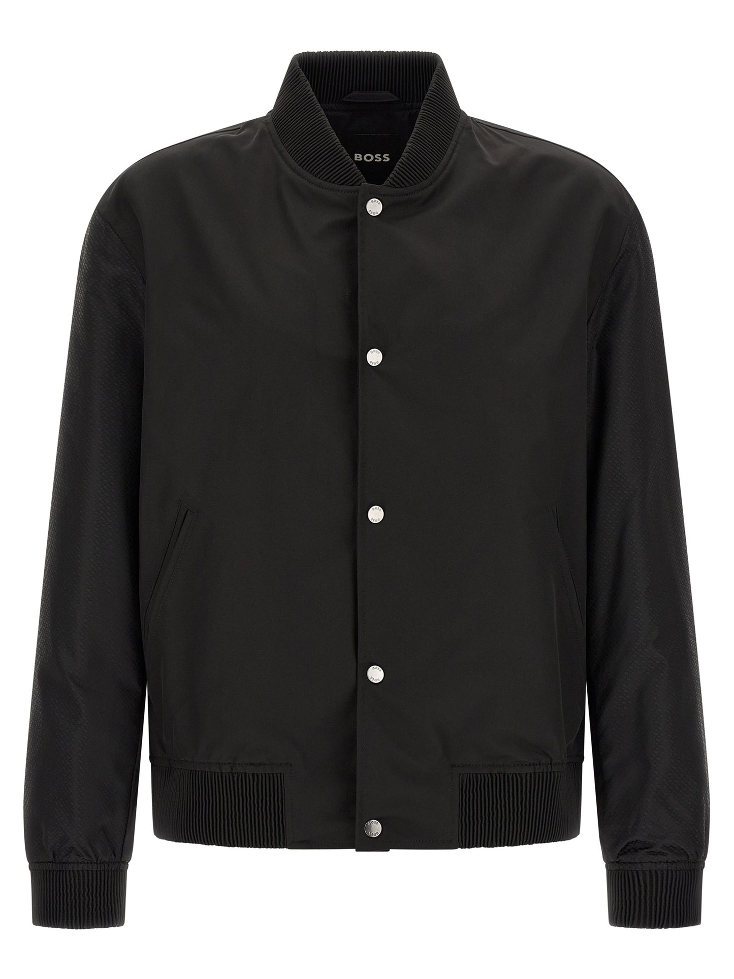 Bomber Jacket by Hugo Boss for men in polyester black, silver, patterned, jacquard, signature & monogram features an on trend silhouette, showcasing refined and a sophisticated for a truly on trend finish.