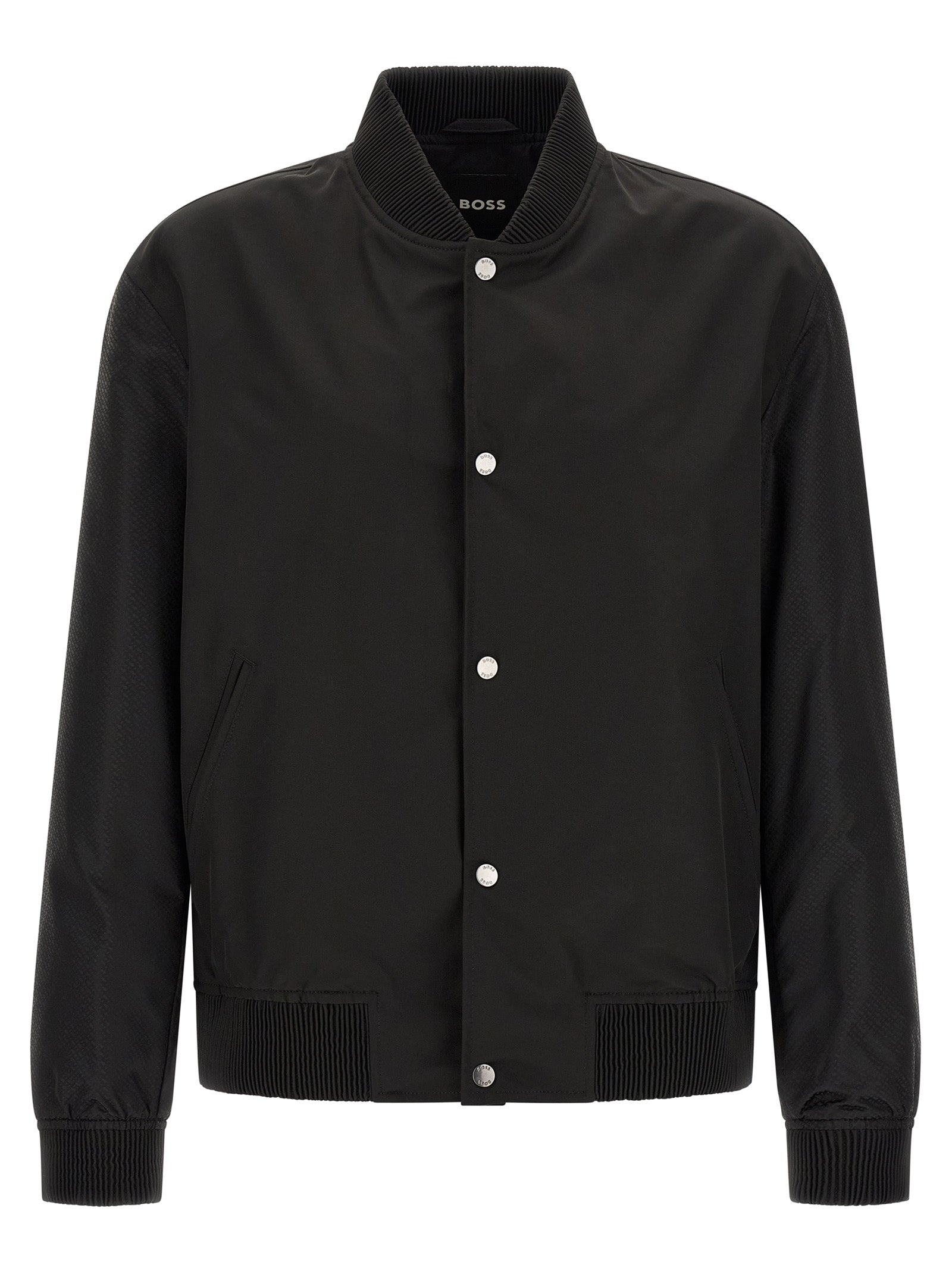Bomber Jacket by Hugo Boss for men in polyester black, silver, patterned, jacquard, signature & monogram features an on trend silhouette, showcasing refined and a sophisticated for a truly on trend finish.