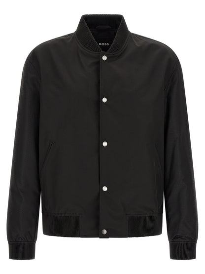 Bomber Jacket by Hugo Boss for men in polyester black, silver, patterned, jacquard, signature & monogram features an on trend silhouette, showcasing refined and a sophisticated for a truly on trend finish.