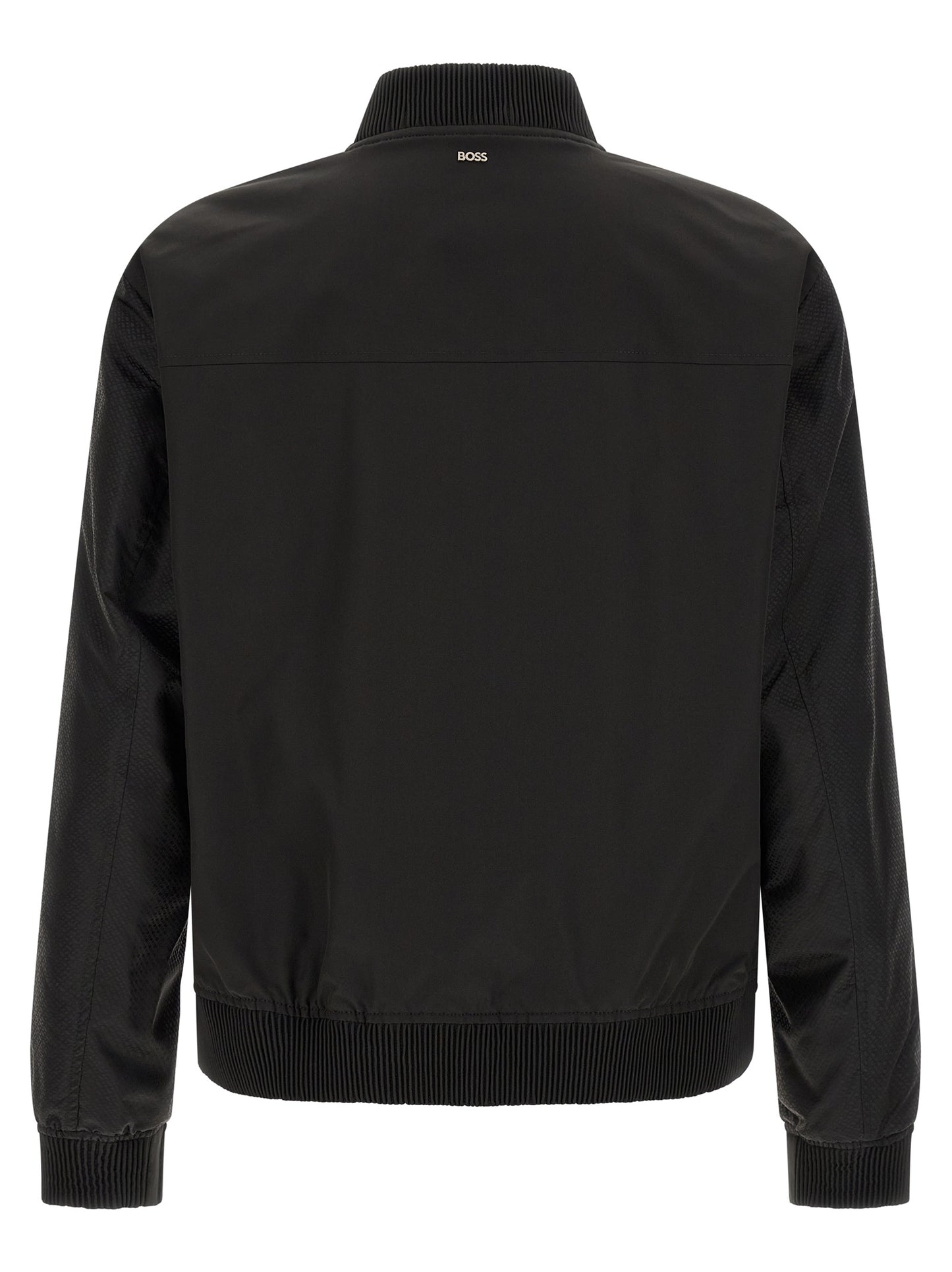 Bomber Jacket by Hugo Boss for men in polyester black, silver, patterned, jacquard, signature & monogram features a city-ready silhouette, detailed with and a city-ready .