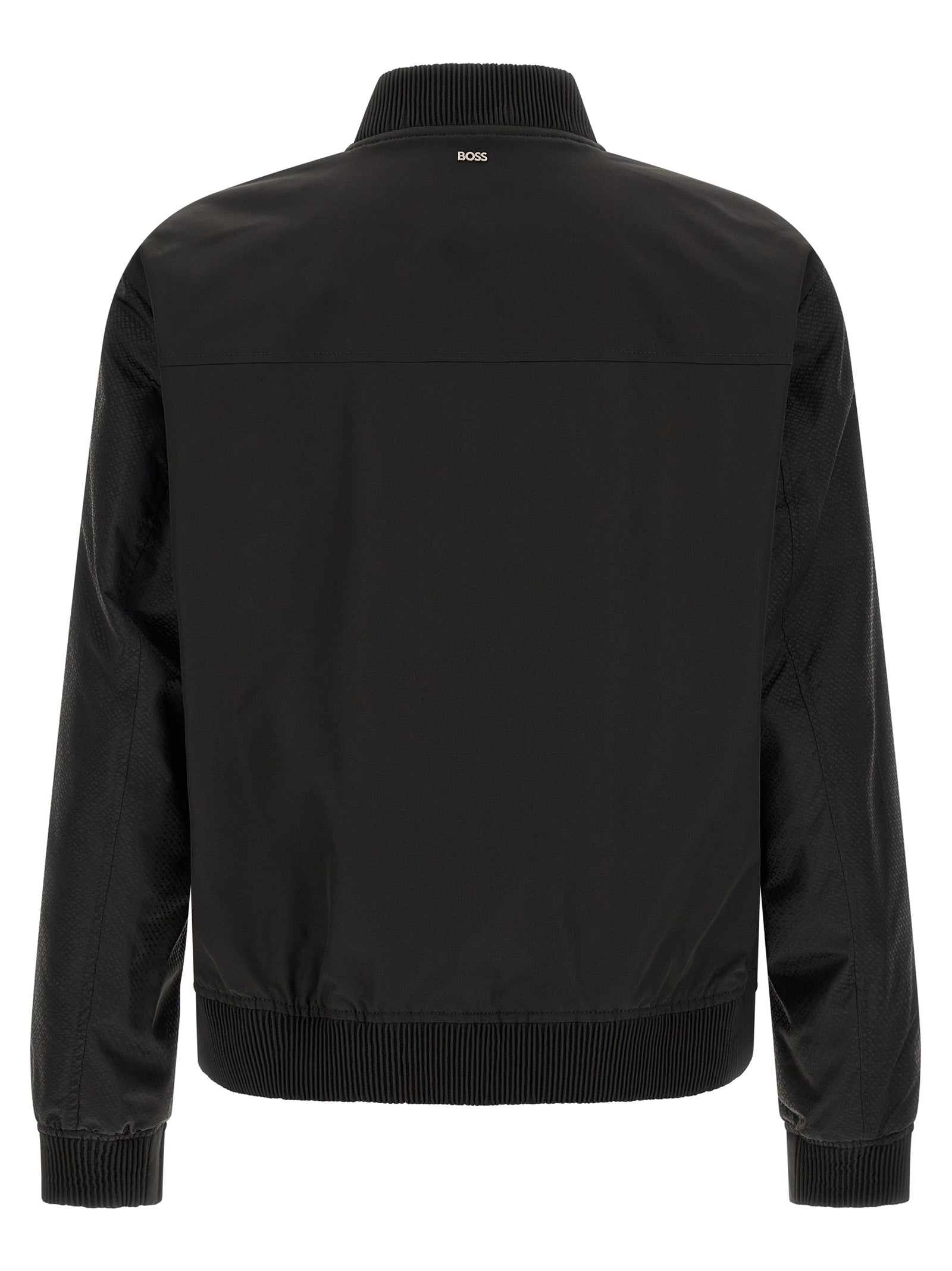 Bomber Jacket by Hugo Boss for men in polyester black, silver, patterned, jacquard, signature & monogram features a city-ready silhouette, detailed with and a city-ready .