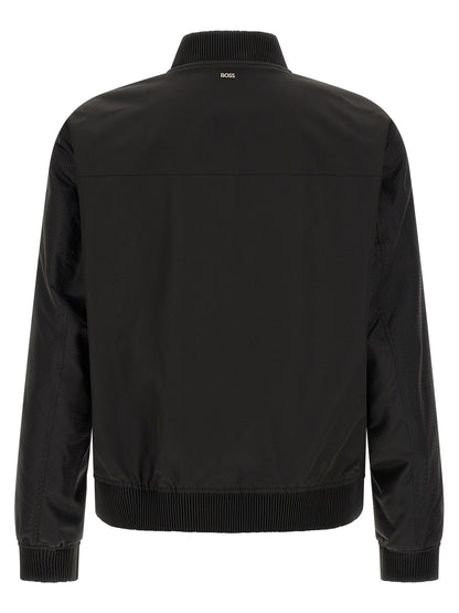 Bomber Jacket by Hugo Boss for men in polyester black, silver, patterned, jacquard, signature & monogram features a city-ready silhouette, detailed with and a city-ready .