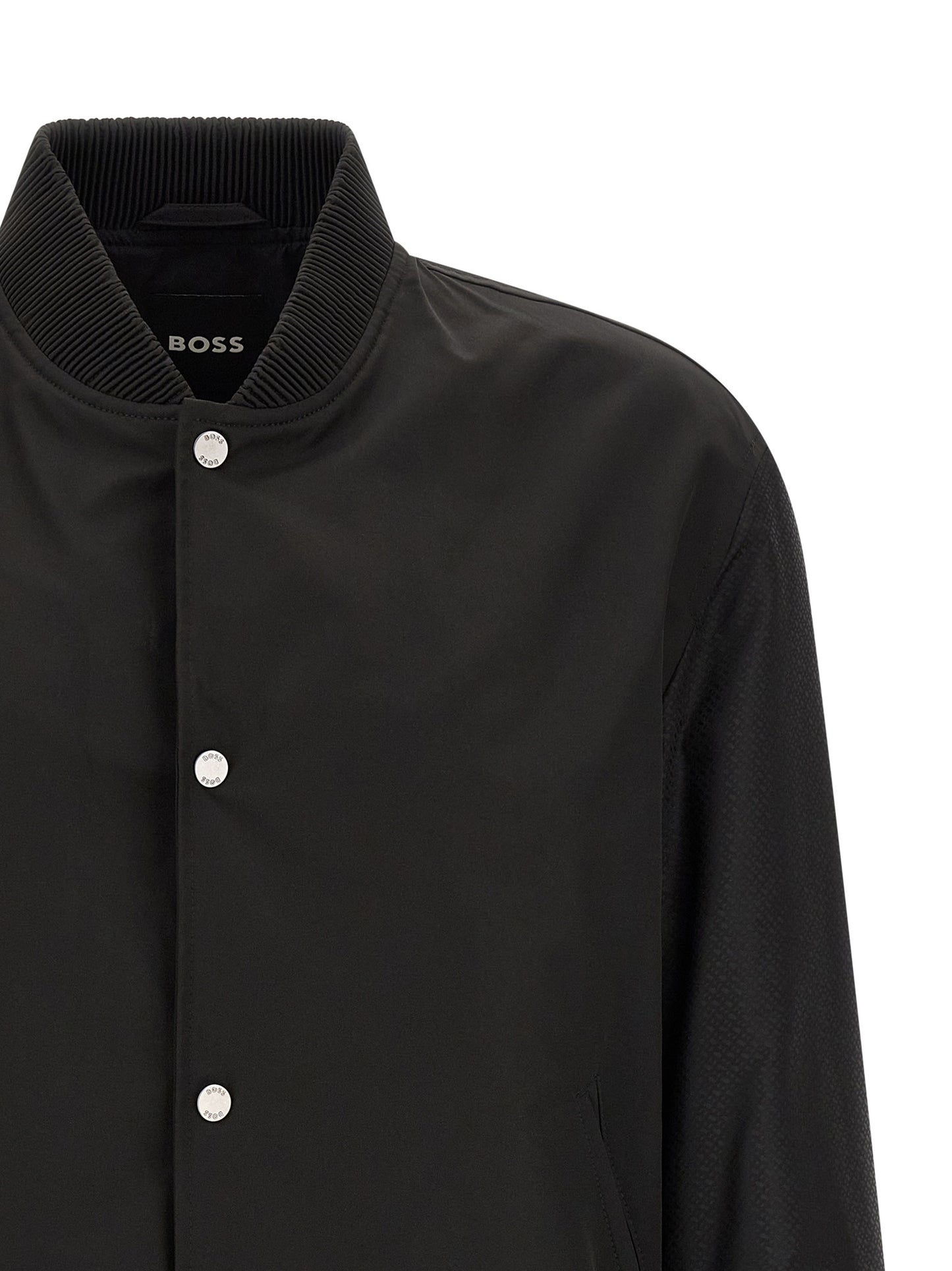 This Bomber Jacket by Hugo Boss for men in polyester black, silver, patterned, jacquard, signature & monogram exhibits a edgy silhouette, meticulously detailed with functional and a edgy for a edgy finish.