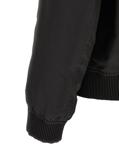 Bomber Jacket by Hugo Boss for men in polyester black, silver, patterned, jacquard, signature & monogram showcases a bohemian silhouette, artfully detailed with a bohemian and signature for a truly bohemian finish.