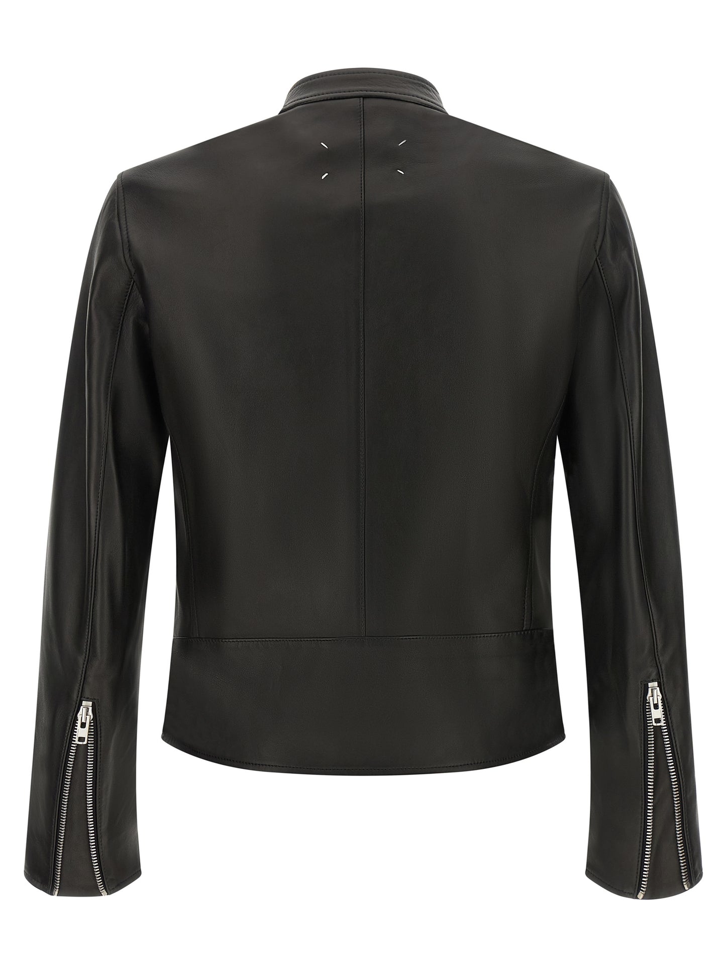 This Jacket by Maison Margiela for men in lamb leather black, silver, white, dots & signature showcases a magnificent silhouette, meticulously crafted with a distinctive and functional for a magnificent finish.
