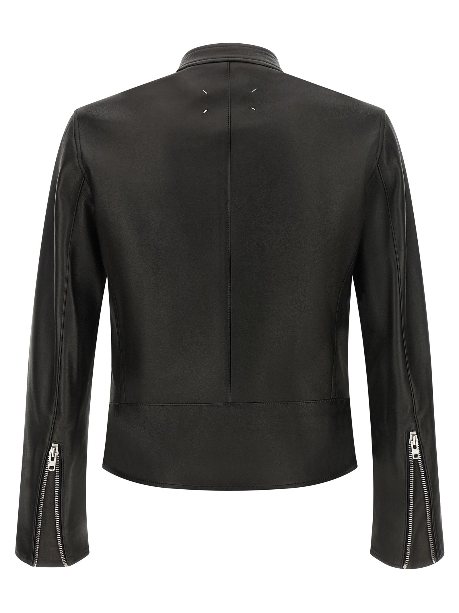 This Jacket by Maison Margiela for men in lamb leather black, silver, white, dots & signature showcases a magnificent silhouette, meticulously crafted with a distinctive and functional for a magnificent finish.