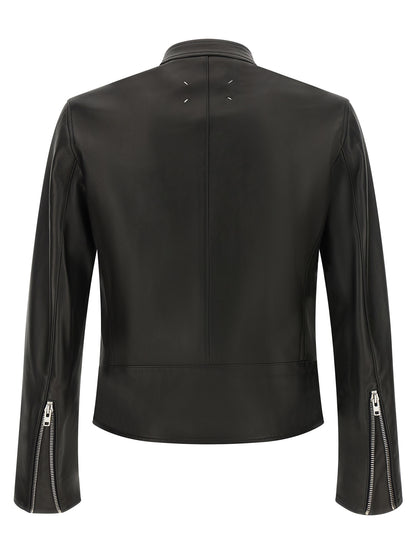 This Jacket by Maison Margiela for men in lamb leather black, silver, white, dots & signature showcases a magnificent silhouette, meticulously crafted with a distinctive and functional for a magnificent finish.