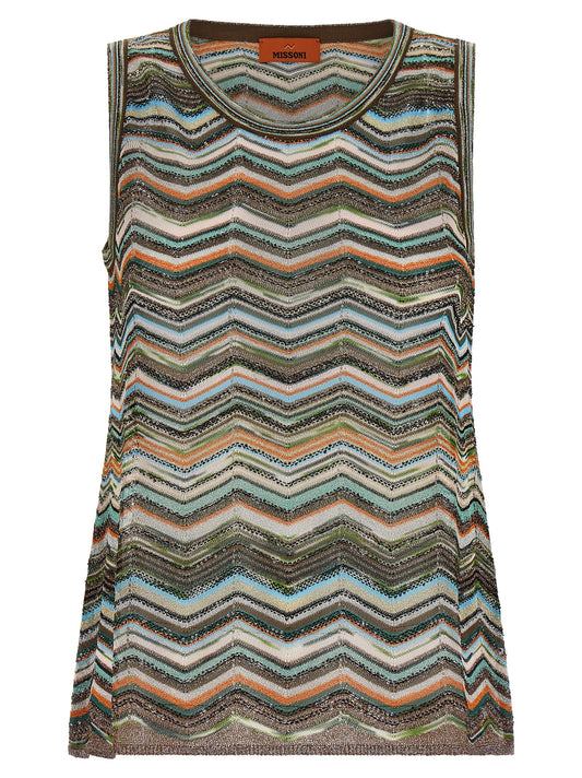 Blouse by Missoni for women in polyamide viscose multicolor, patterned & chevron showcases a sublime silhouette, artfully detailed with a sublime round neckline and sleeveless for a sophisticated, sublime finish.