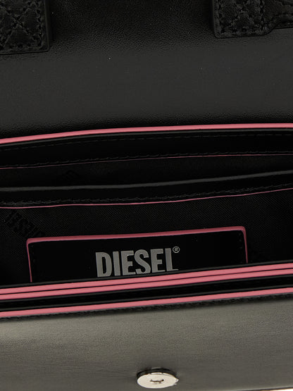 Compact Shoulder Oval Bag by Diesel for women in metal multicolor showcases a statuesque silhouette, artfully detailed with a secure , organized , and versatile shoulder-strap, handle & adjustable-strap for a statuesque look.