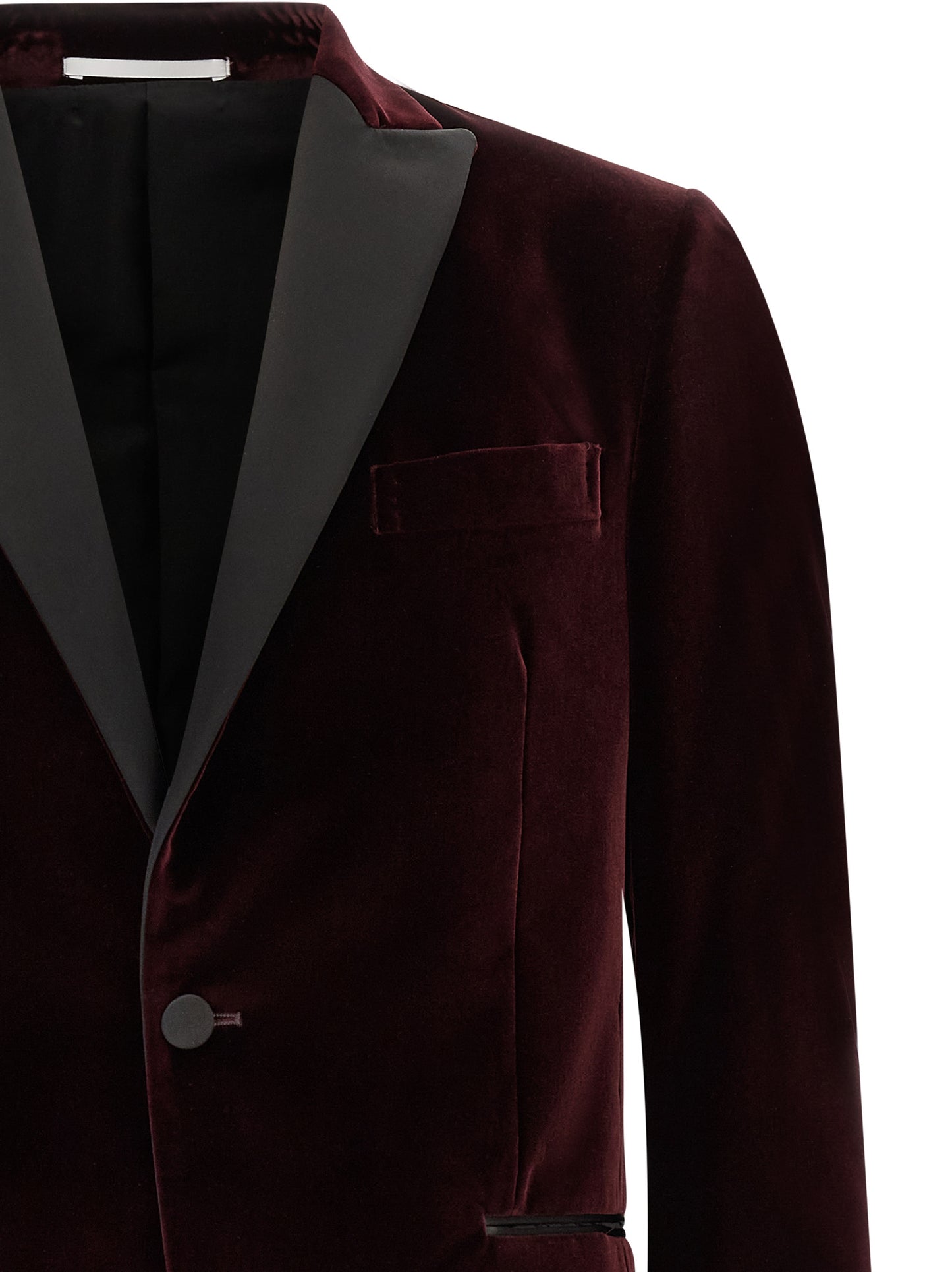Blazer by Pal Zileri for men in satin cotton velvet black & bordeaux showcases a polished silhouette, highlighted by a refined and polished for a sophisticated finish.