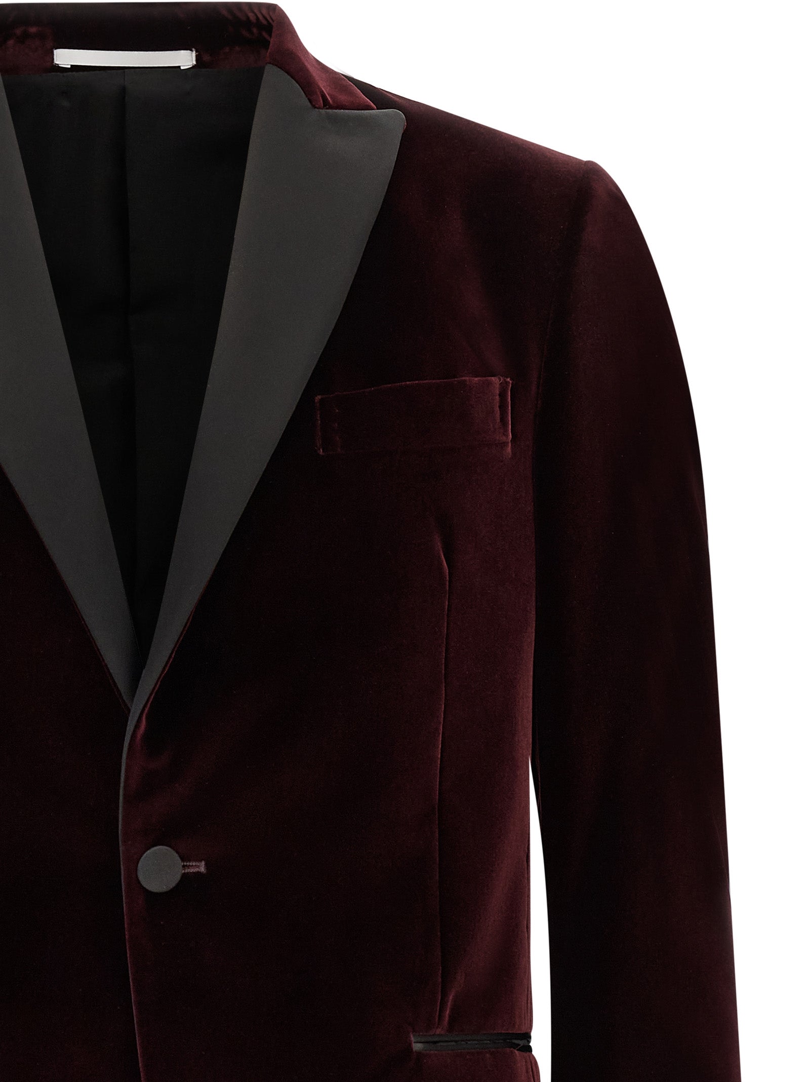 Blazer by Pal Zileri for men in satin cotton velvet black & bordeaux showcases a polished silhouette, highlighted by a refined and polished for a sophisticated finish.