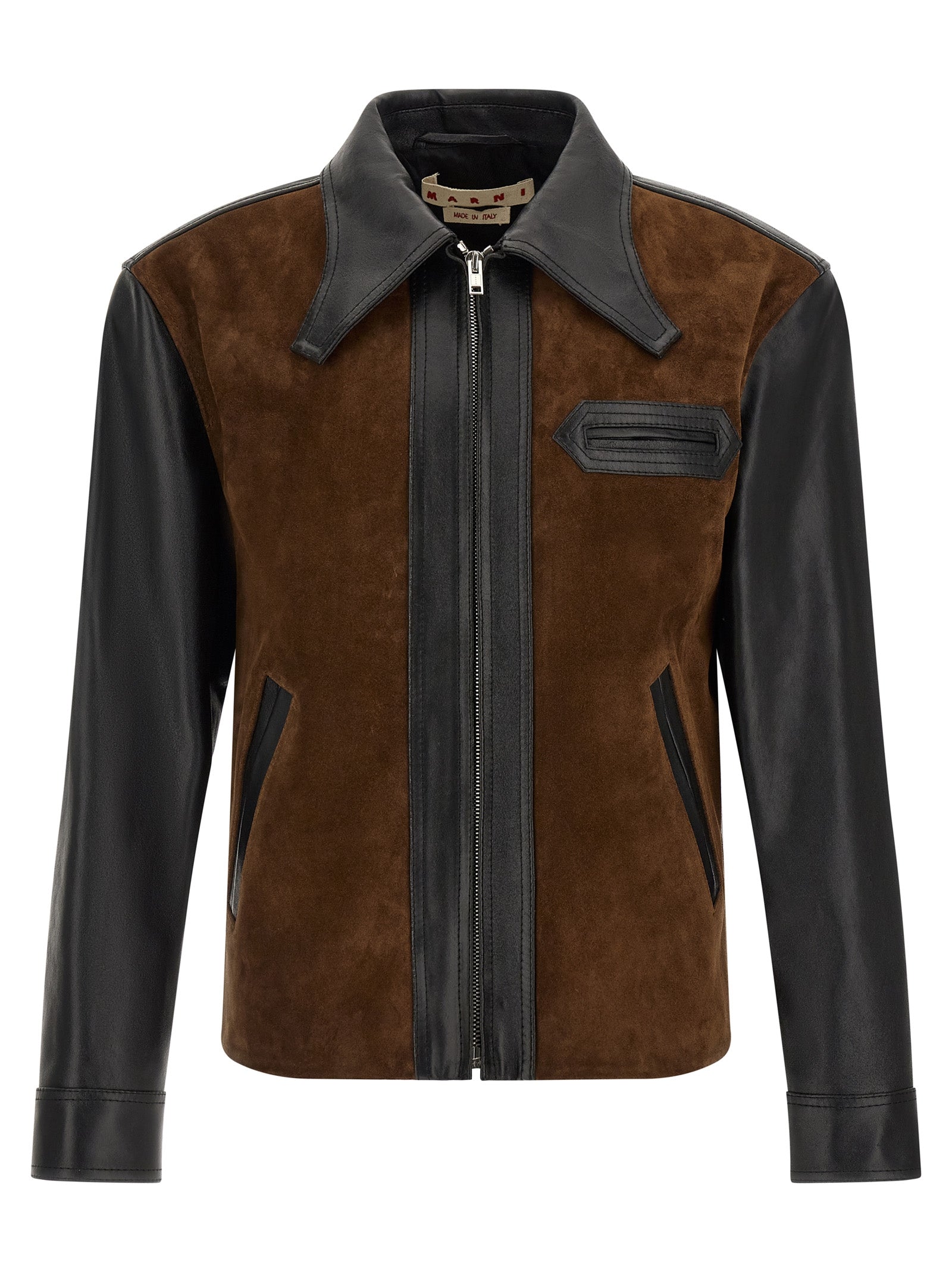 Jacket by Marni for men in suede calfskin leather black, brown & multicolor showcases a enveloping silhouette, artfully detailed with a enveloping and premium for a truly enveloping finish.