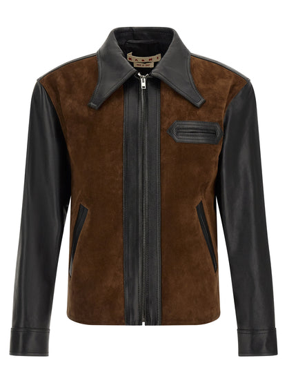 Jacket by Marni for men in suede calfskin leather black, brown & multicolor showcases a enveloping silhouette, artfully detailed with a enveloping and premium for a truly enveloping finish.