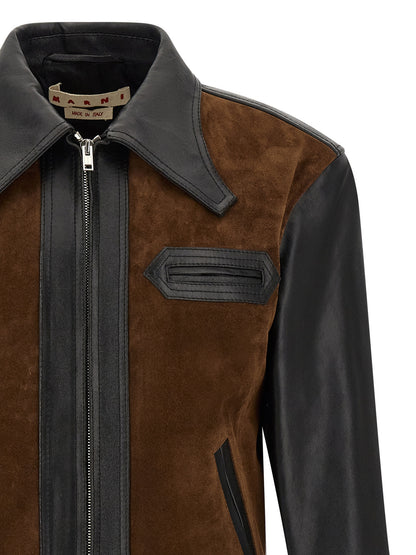 Jacket by Marni for men in suede calfskin leather black, brown & multicolor presents a impeccable silhouette, showcasing distinct and a impeccable for a sophisticated finish.
