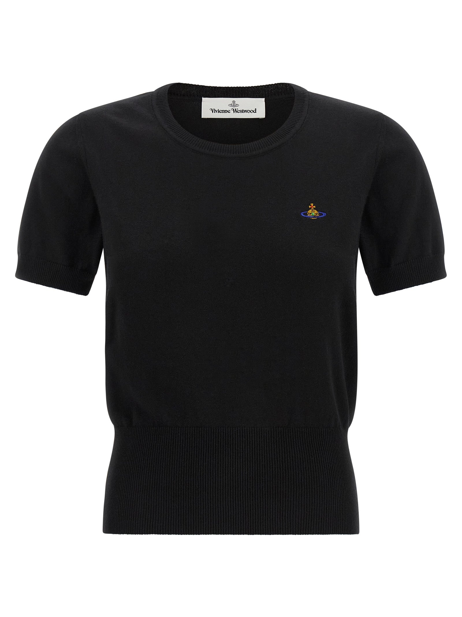 Cardigan by Vivienne Westwood for women in cashmere cotton blend black features a dramatic silhouette, showcasing a sophisticated and dramatic detail for a timeless, premium look.