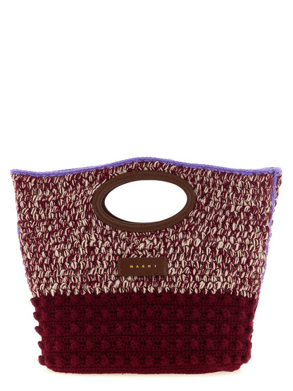 Handbag by Marni for women in calf leather & rubber bordeaux, brown, burgundy, cream & lilac features a ornamental silhouette, showcasing a secure , ample , and ornamental shoulder-strap & handle for a sophisticated look.