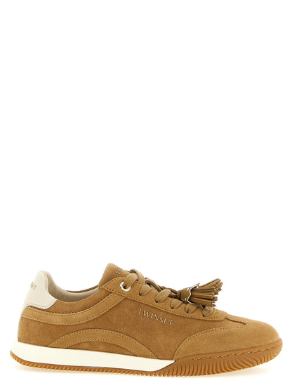 Sneakers by Twinset for women in suede leather beige, camel, gold & signature features a chic design, perfectly showcasing the chic low-top style of this Women's Low Top Suede leather Sneakers.