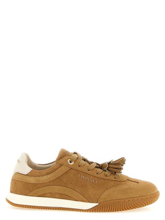 Sneakers by Twinset for women in suede leather beige, camel, gold & signature features a chic design, perfectly showcasing the chic low-top style of this Women's Low Top Suede leather Sneakers.