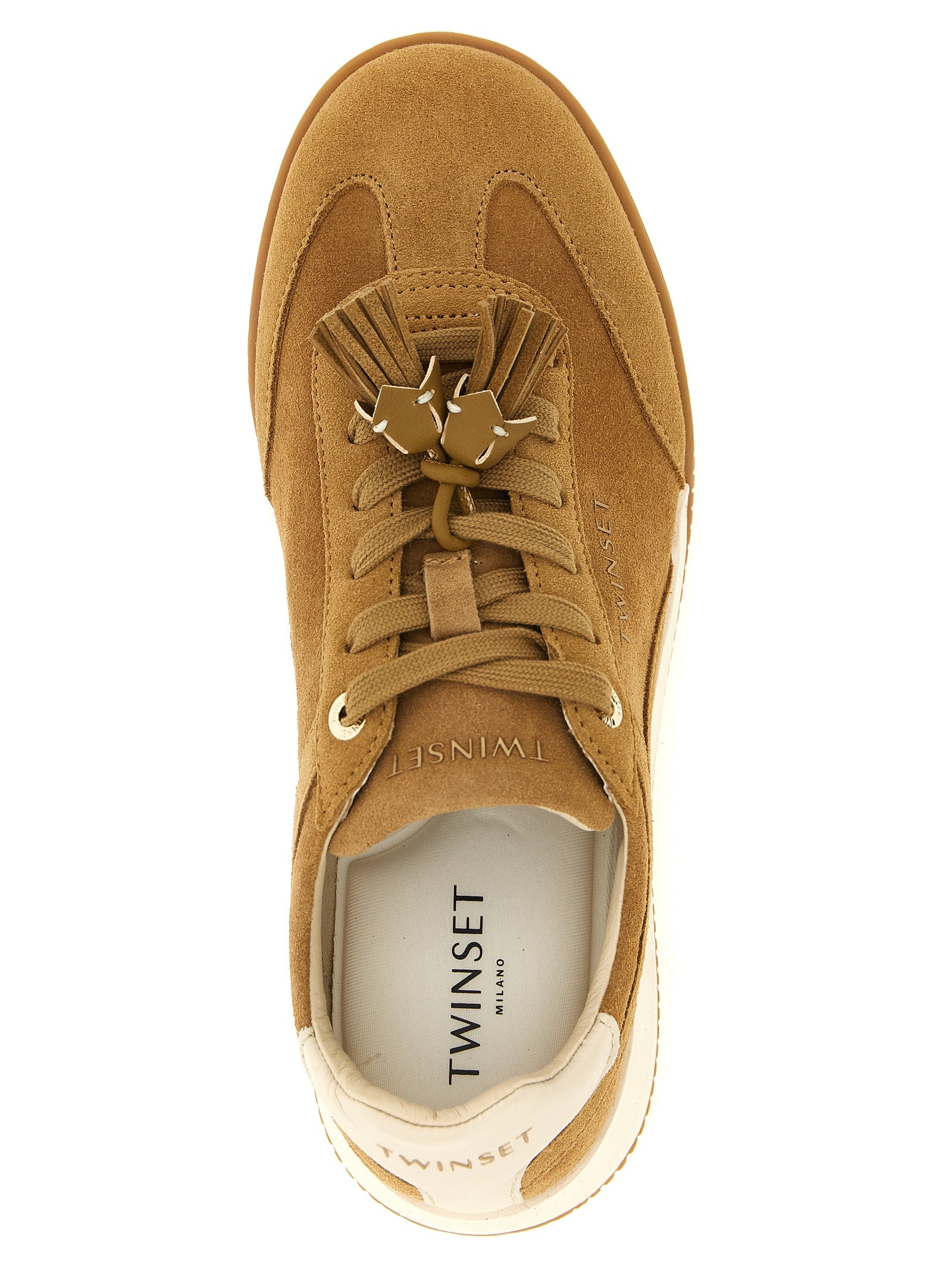 Sneakers by Twinset for women in suede leather beige, camel, gold & signature features an fashionable silhouette, showcasing the premium Women's Low Top Suede leather Sneakers in a fashionable low-top style that offers a fashionable finish for refined style.