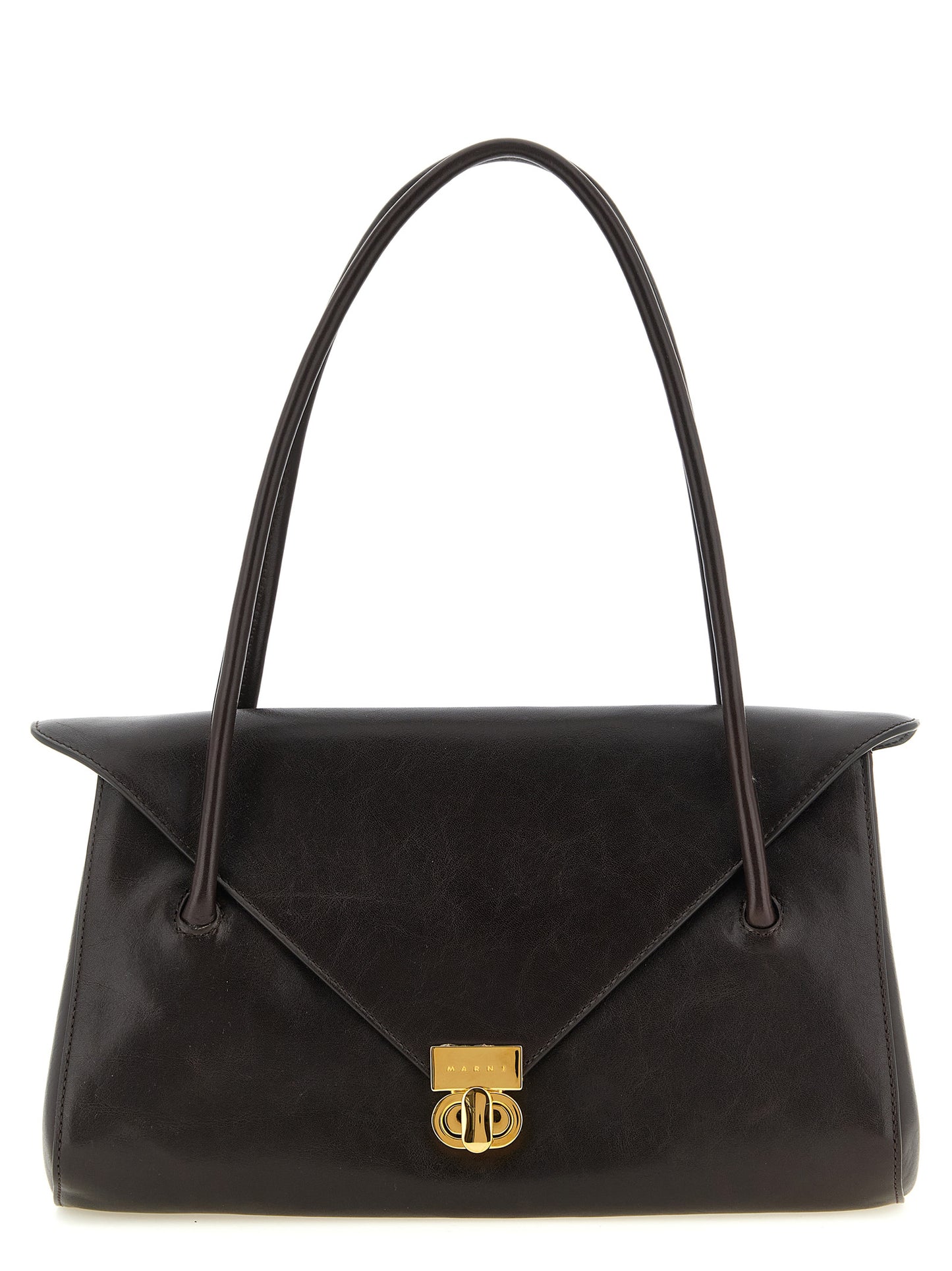 East West Shoulder Bag by Marni for women in caiman leather brown & gold features a statuesque silhouette, showcasing a secure snap & zipper and statuesque with versatile shoulder-strap & handle for a statuesque finish.