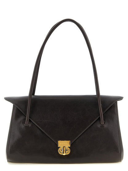 East West Shoulder Bag by Marni for women in caiman leather brown & gold features a statuesque silhouette, showcasing a secure snap & zipper and statuesque with versatile shoulder-strap & handle for a statuesque finish.