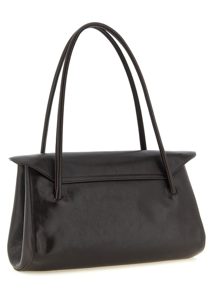 East West Shoulder Bag by Marni for women in caiman leather brown & gold features a effortless sophistication silhouette, secured by a snap & zipper with ample and versatile shoulder-strap & handle for a effortless sophistication finish.