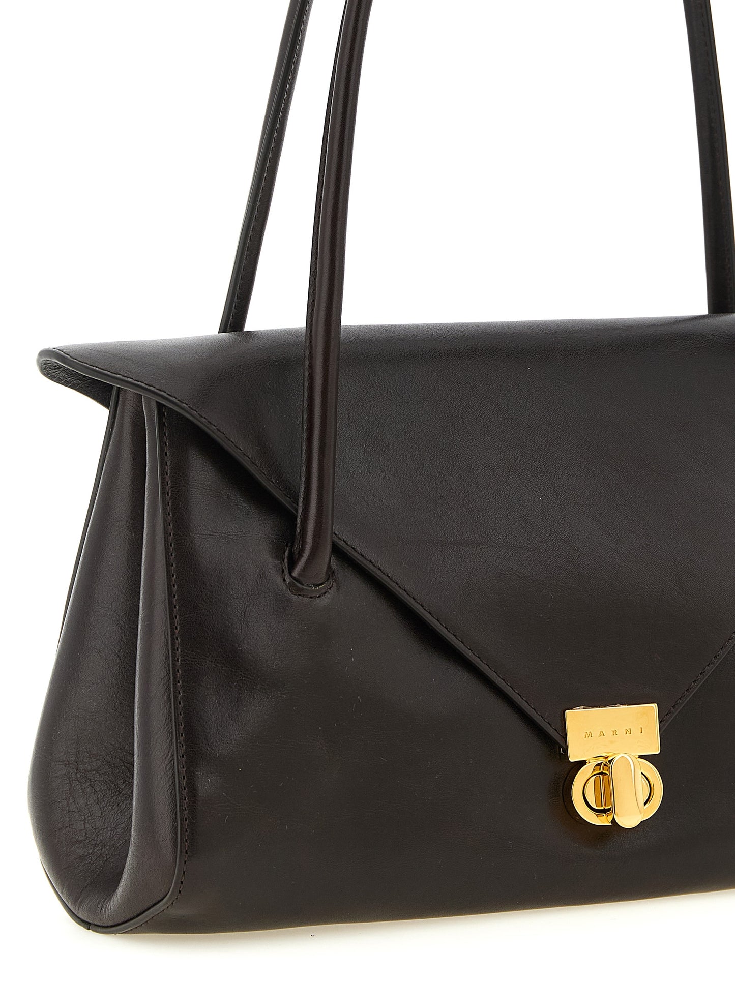 East West Shoulder Bag by Marni for women in caiman leather brown & gold features a effortless chic silhouette with a secure snap & zipper, ample , and versatile shoulder-strap & handle for a effortless chic finish.