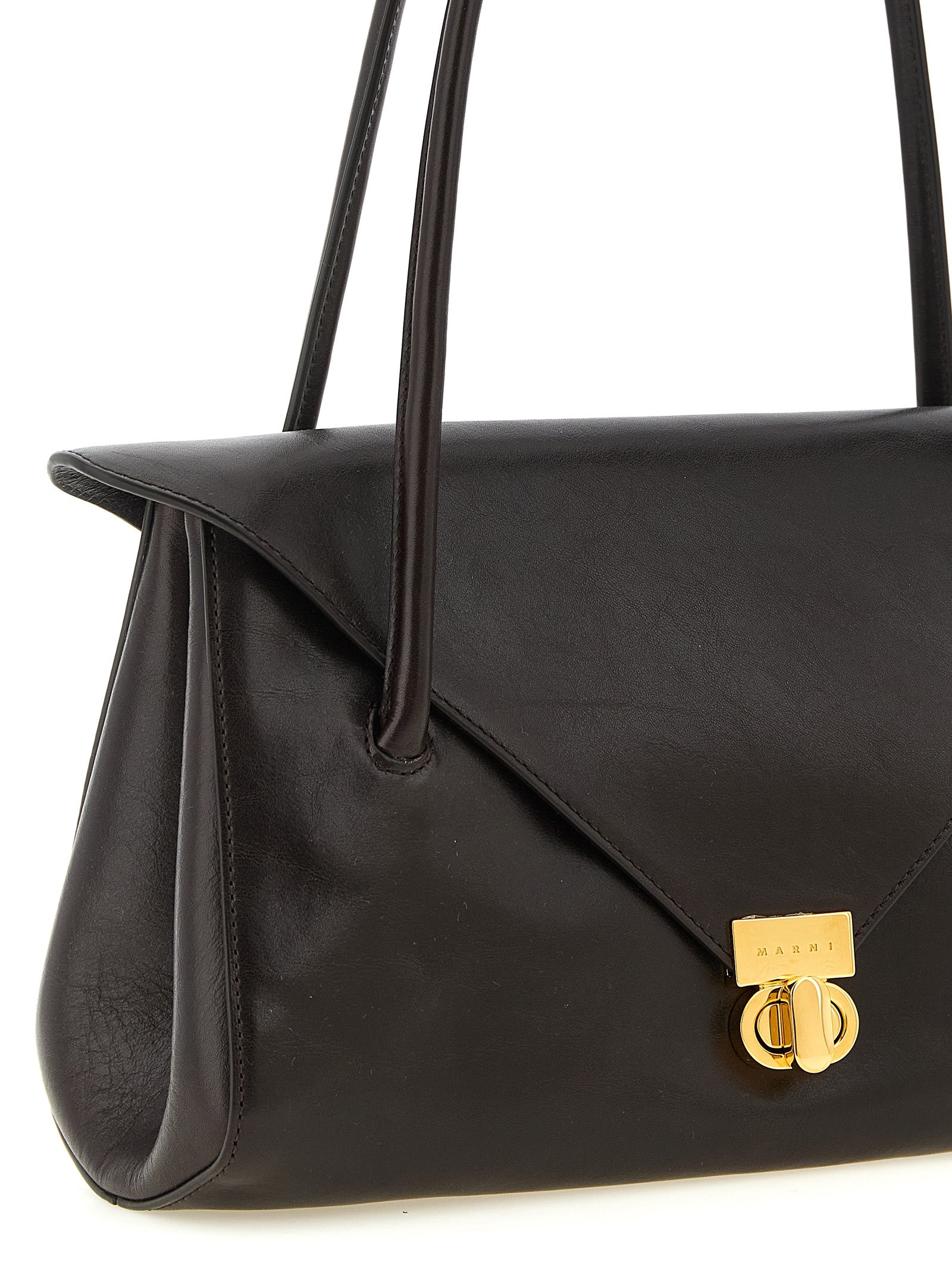 East West Shoulder Bag by Marni for women in caiman leather brown & gold features a effortless chic silhouette with a secure snap & zipper, ample , and versatile shoulder-strap & handle for a effortless chic finish.