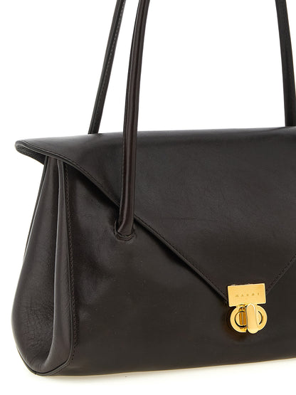 East West Shoulder Bag by Marni for women in caiman leather brown & gold features a effortless chic silhouette with a secure snap & zipper, ample , and versatile shoulder-strap & handle for a effortless chic finish.