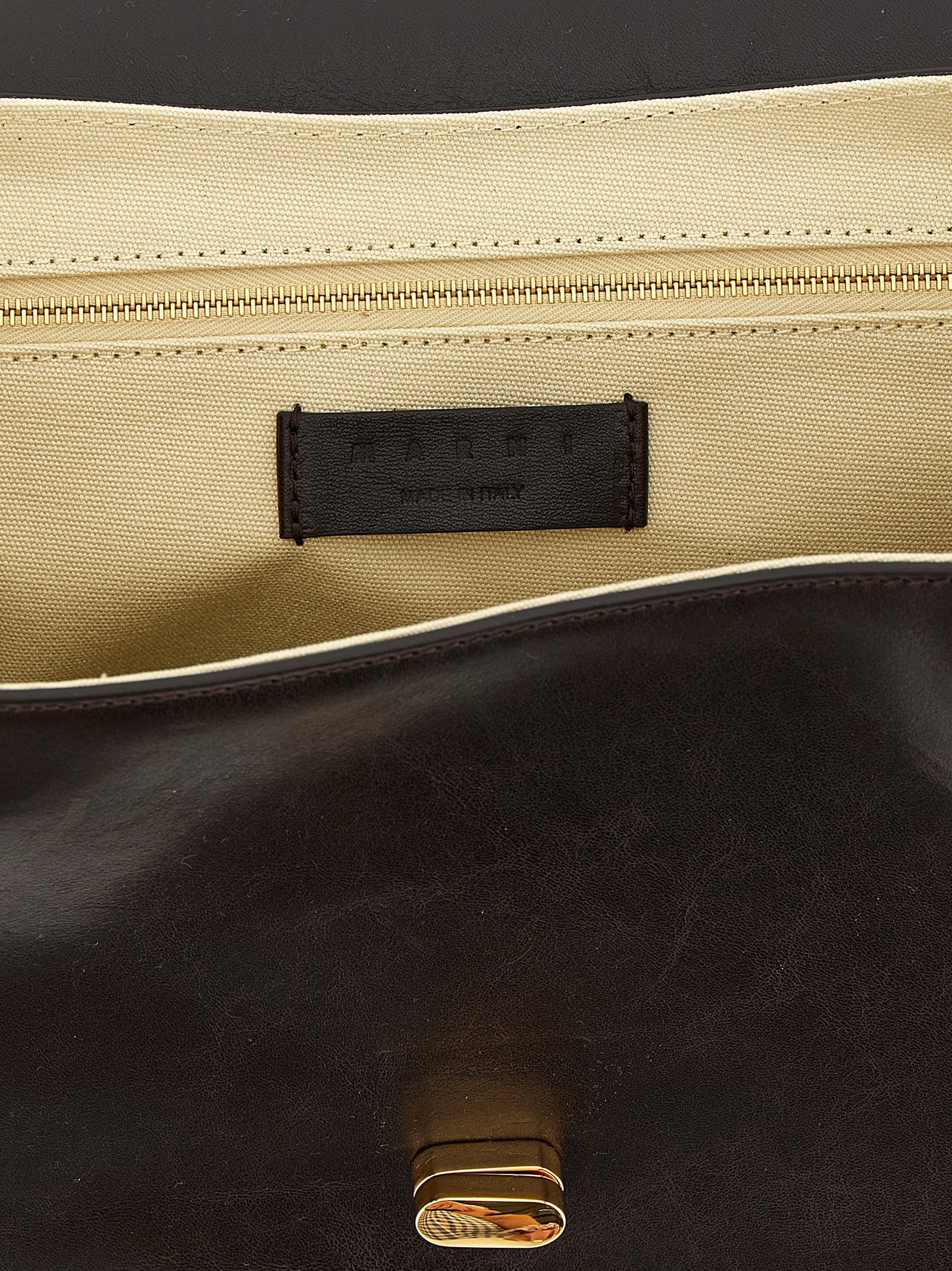 East West Shoulder Bag by Marni for women in caiman leather brown & gold features a stately silhouette, showcasing a secure snap & zipper, ample , and stately shoulder-strap & handle for a stately finish.