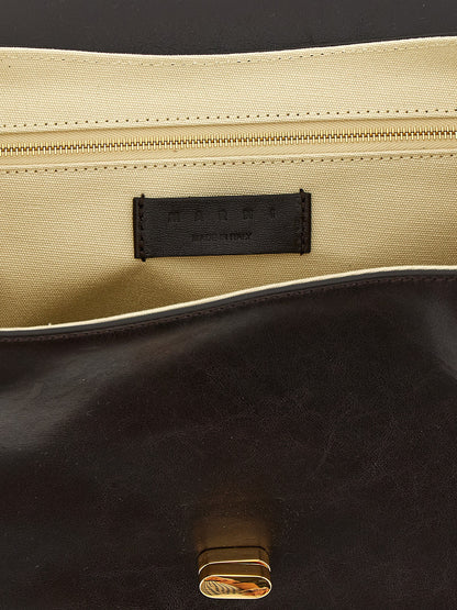 East West Shoulder Bag by Marni for women in caiman leather brown & gold features a stately silhouette, showcasing a secure snap & zipper, ample , and stately shoulder-strap & handle for a stately finish.