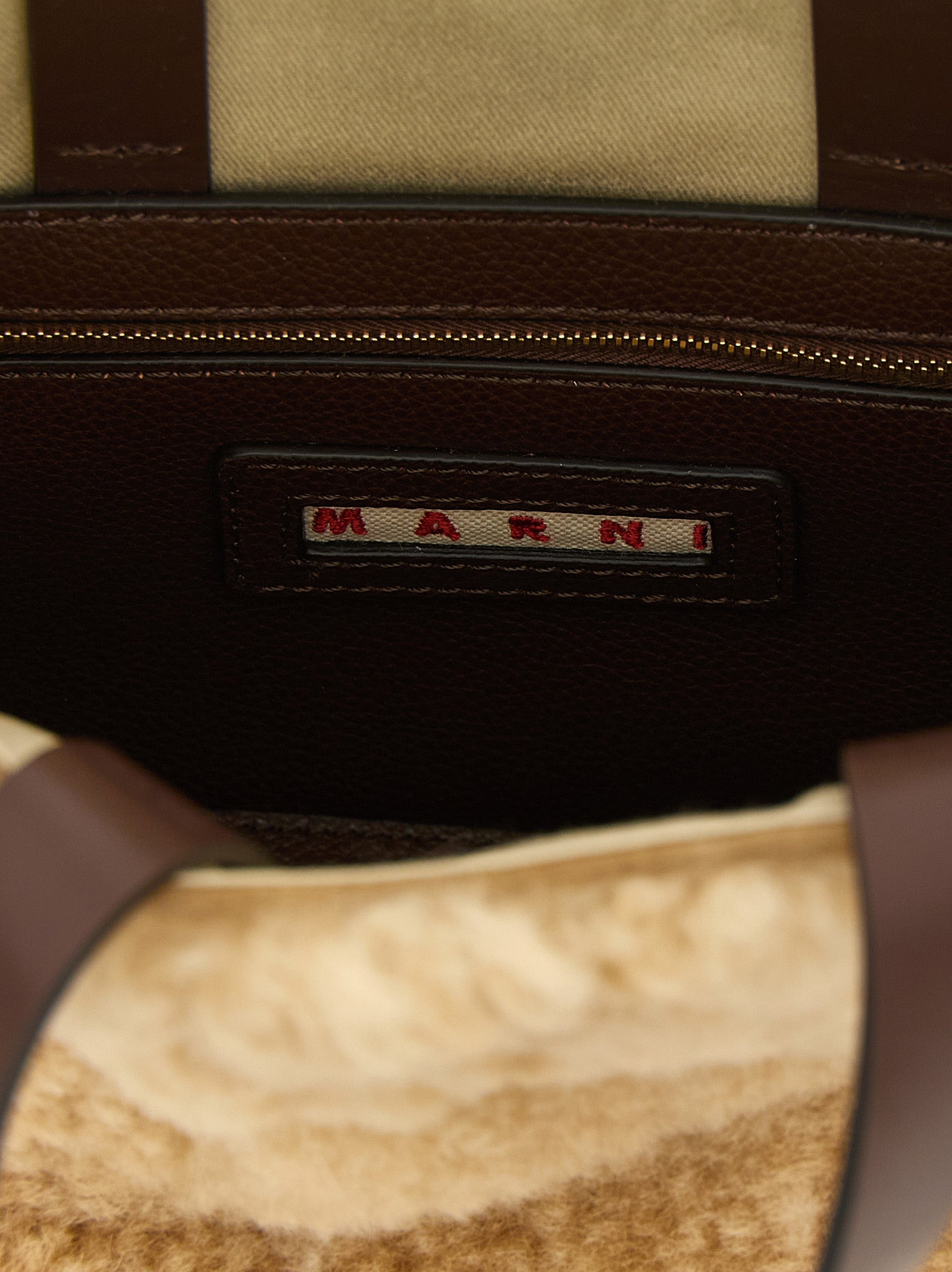 Mni Tote Handbag by Marni for women in polyester & cotton brown, cream, gold, multicolor & signature features an refined silhouette, showcasing a secure zipper, ample , and versatile shoulder-strap & detachable-strap for a sophisticated refined aesthetic.