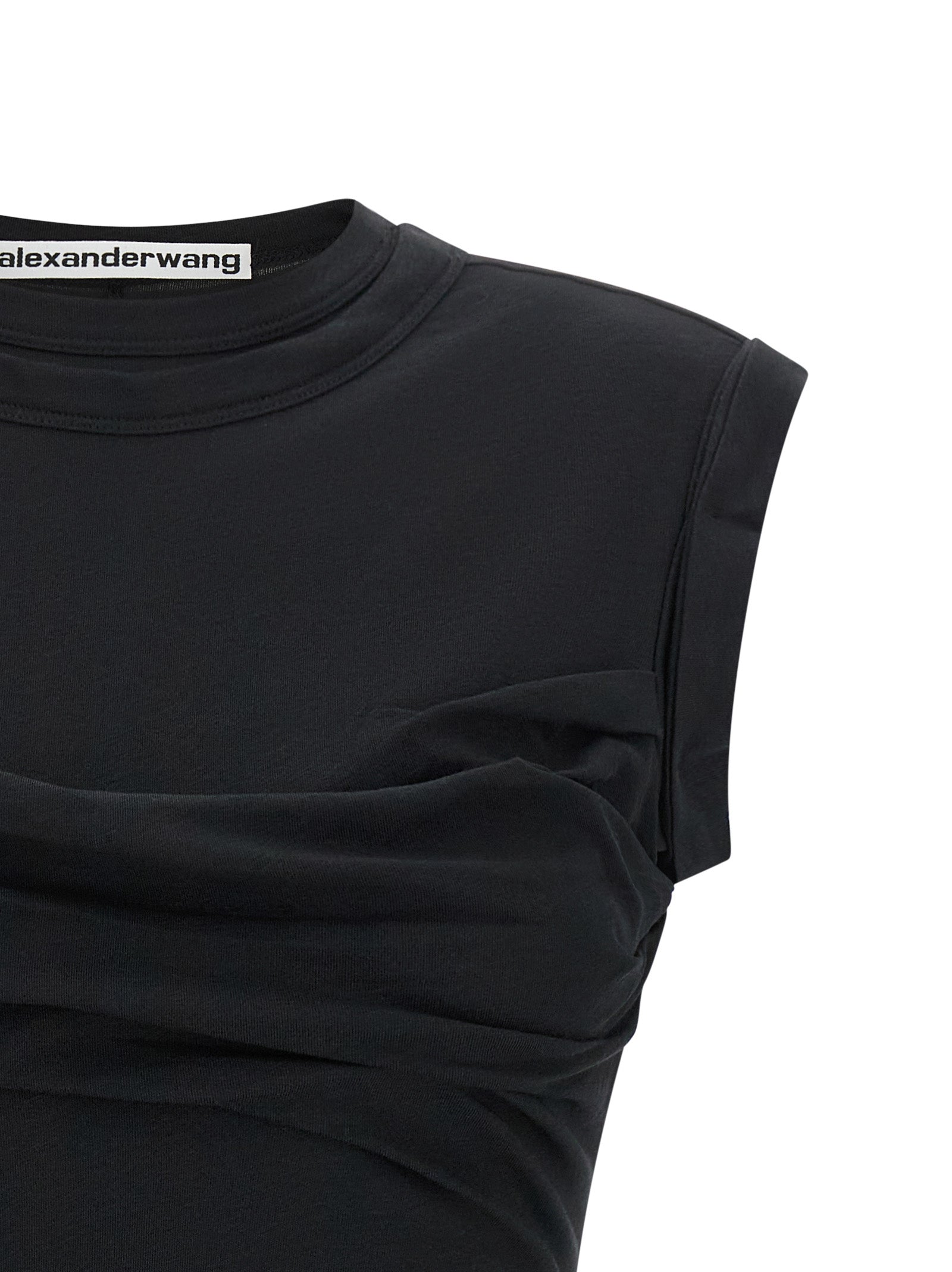 Dress by Alexander Wang for women in stretch cotton black presents a sinuous silhouette, showcasing a sophisticated high-neck neckline and detailed with a sinuous short for a refined finish.