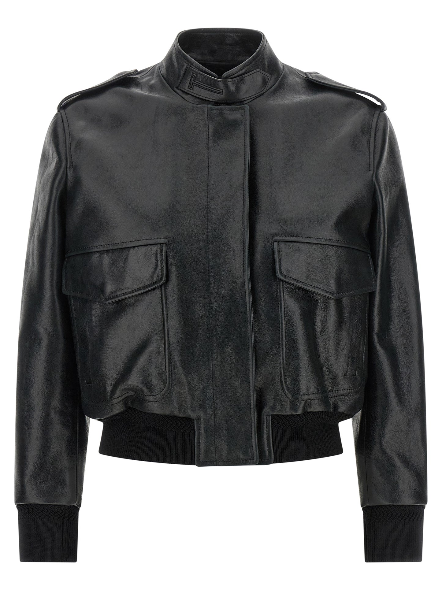 Jacket by Tom Ford for women in lamb leather black & natural features an utilitarian silhouette with a refined , showcasing sophisticated pockets for an utilitarian aesthetic.