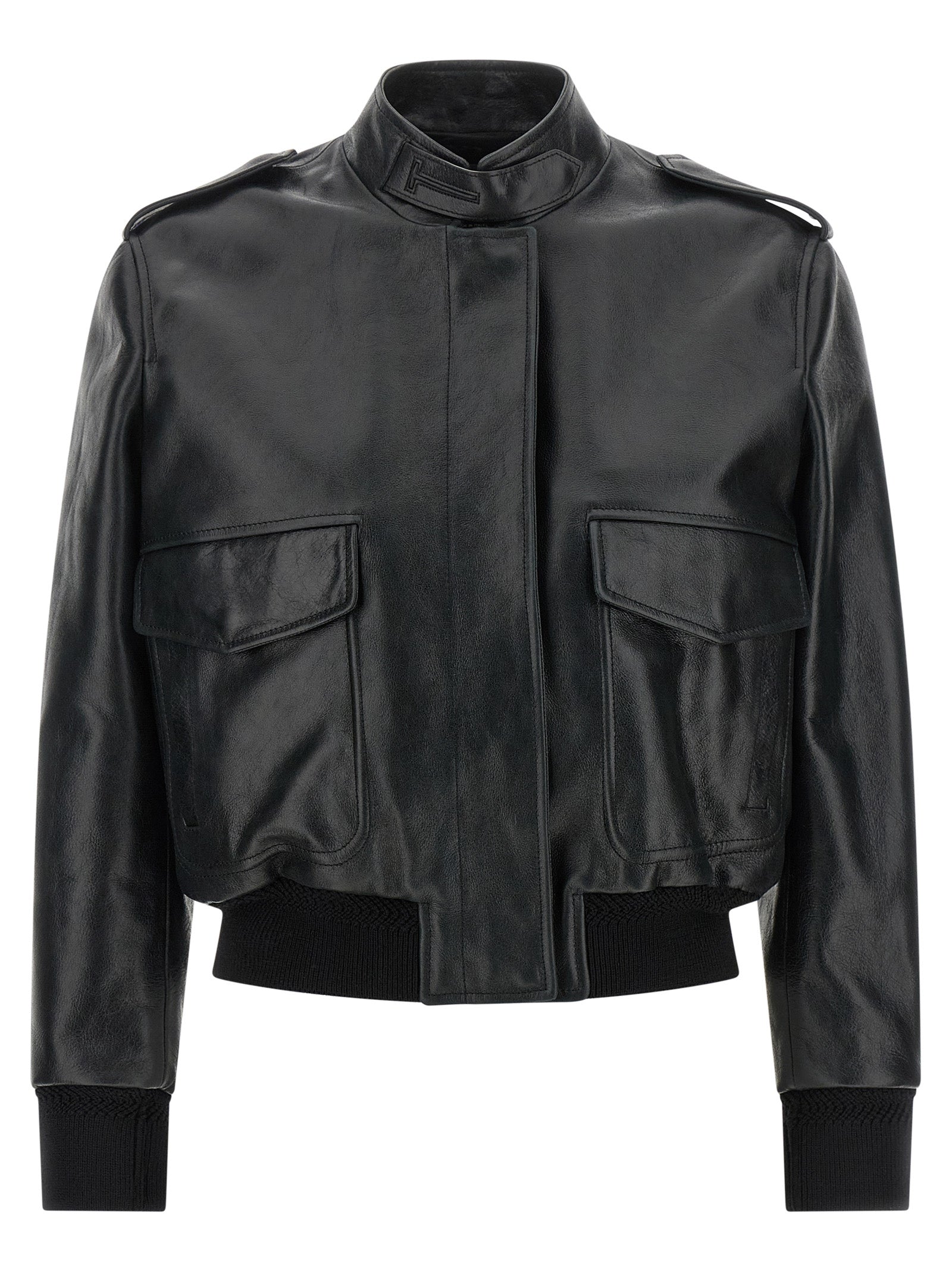 Jacket by Tom Ford for women in lamb leather black & natural features an utilitarian silhouette with a refined , showcasing sophisticated pockets for an utilitarian aesthetic.