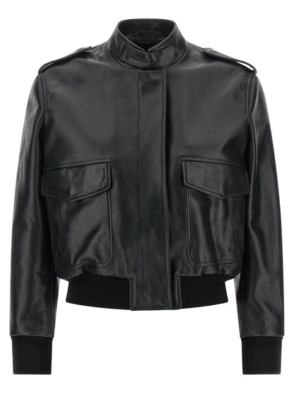 Jacket by Tom Ford for women in lamb leather black & natural features an utilitarian silhouette with a refined , showcasing sophisticated pockets for an utilitarian aesthetic.