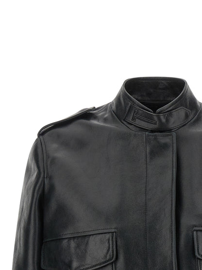 This Jacket by Tom Ford for women in lamb leather black & natural showcases a magnificent silhouette, meticulously crafted with a distinctive and functional pockets for a magnificent finish.
