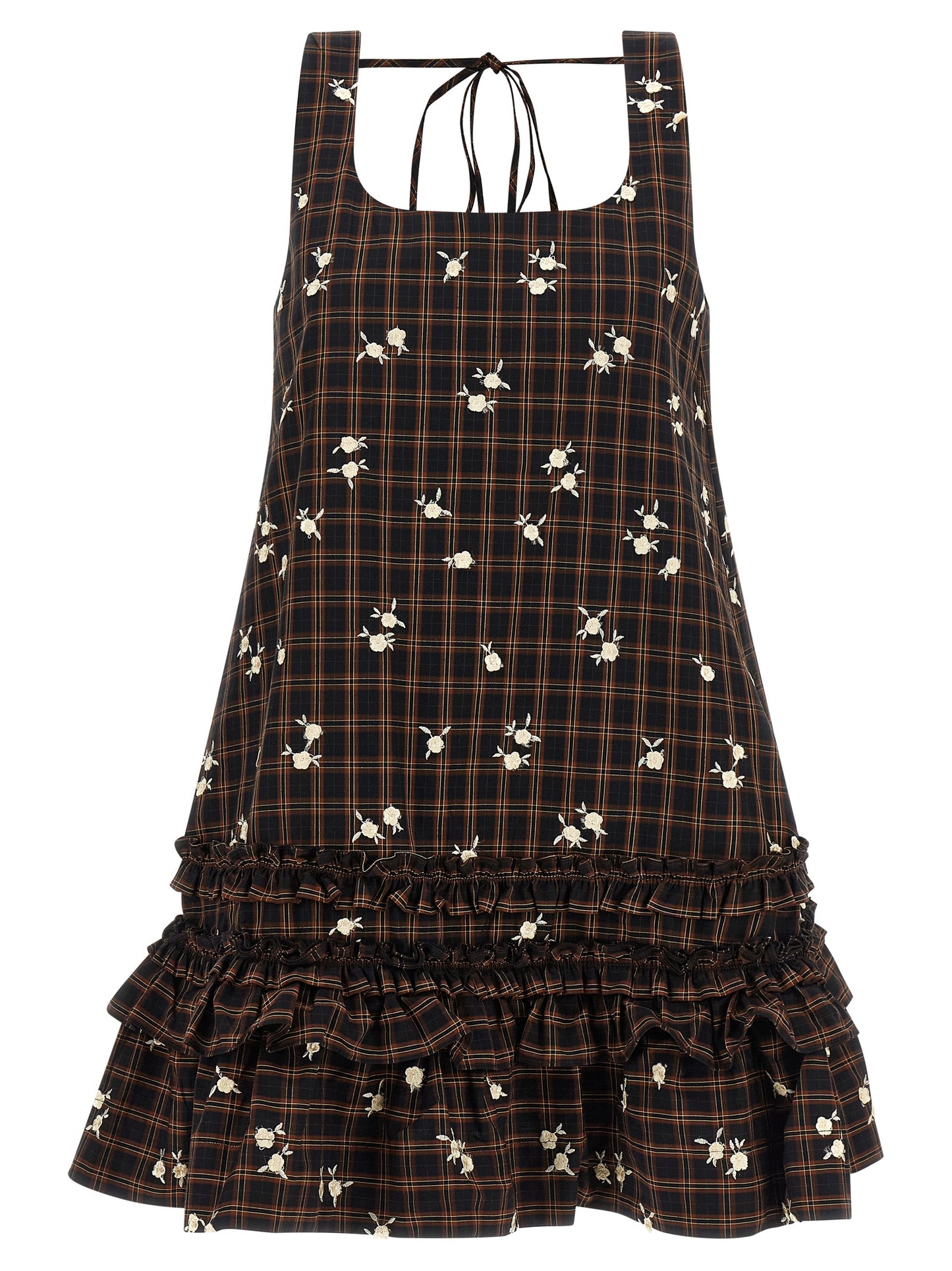 Dress by Ganni for women in organic cotton brown, patterned & floral features an cute silhouette, detailed with a and that elegantly flows into a cute short mini.