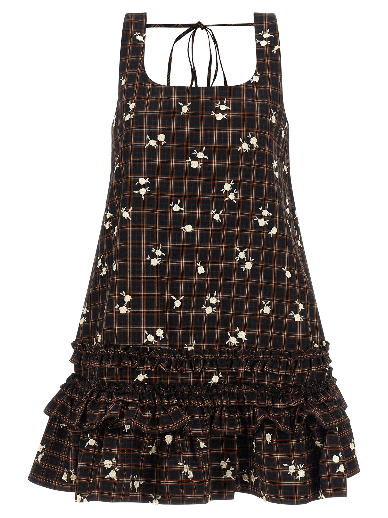 Dress by Ganni for women in organic cotton brown, patterned & floral features an cute silhouette, detailed with a and that elegantly flows into a cute short mini.