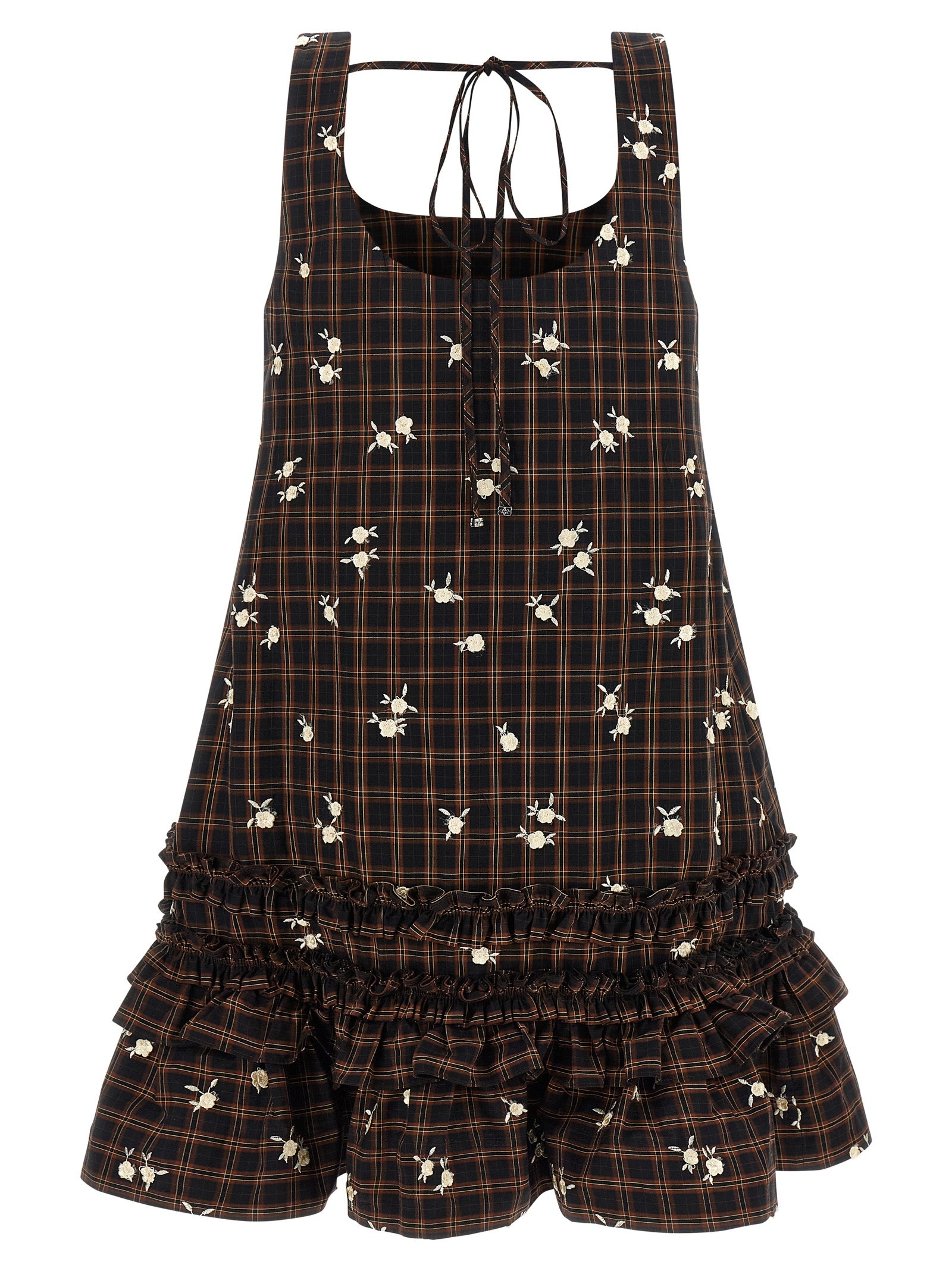 Dress by Ganni for women in organic cotton brown, patterned & floral showcases a striking silhouette, elegantly detailed with a , refined , and a striking short mini for a striking finish.