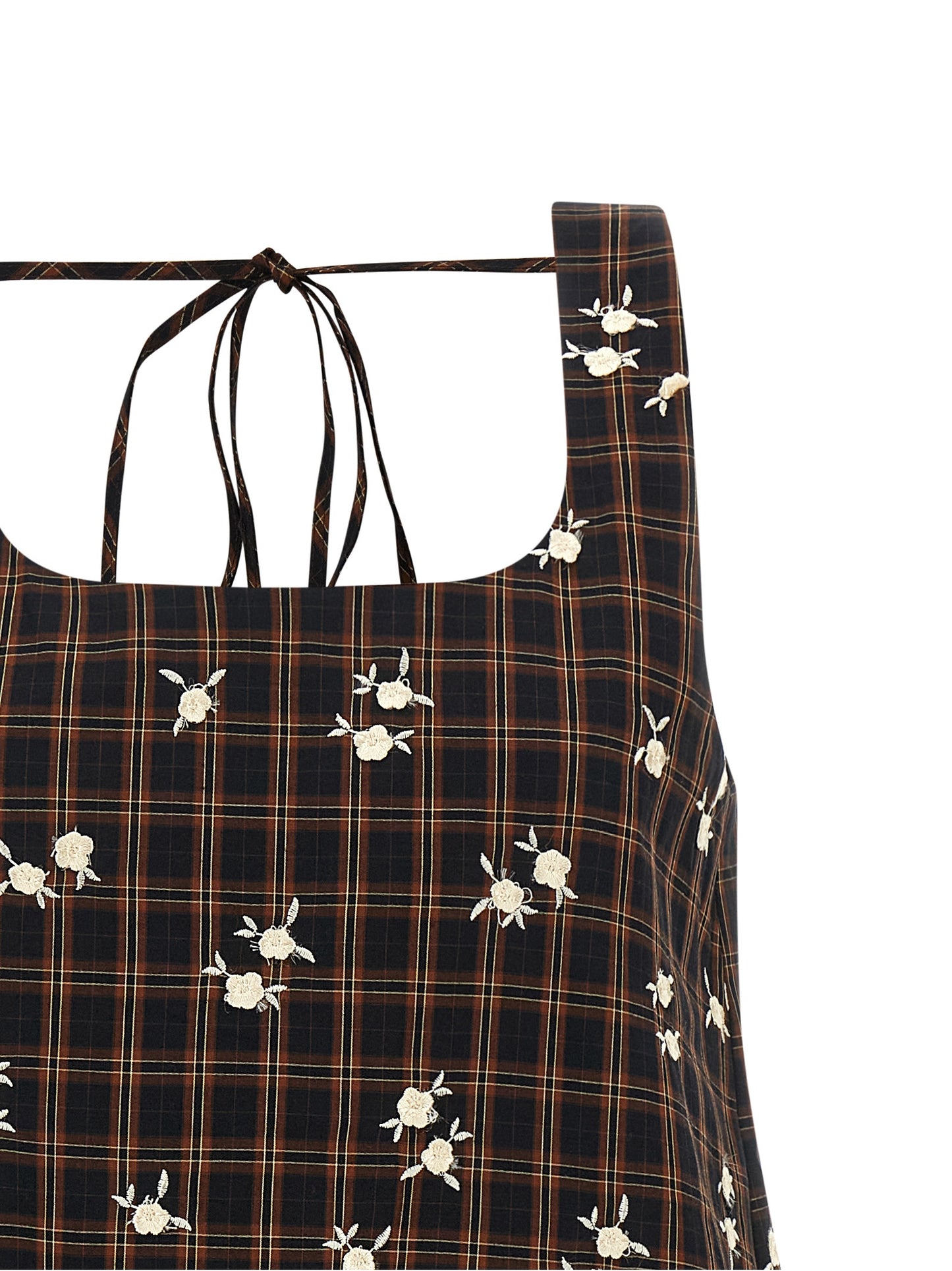 Dress by Ganni for women in organic cotton brown, patterned & floral features an eye catching silhouette with a sophisticated , elegant , and a refined short mini for a eye catching aesthetic.
