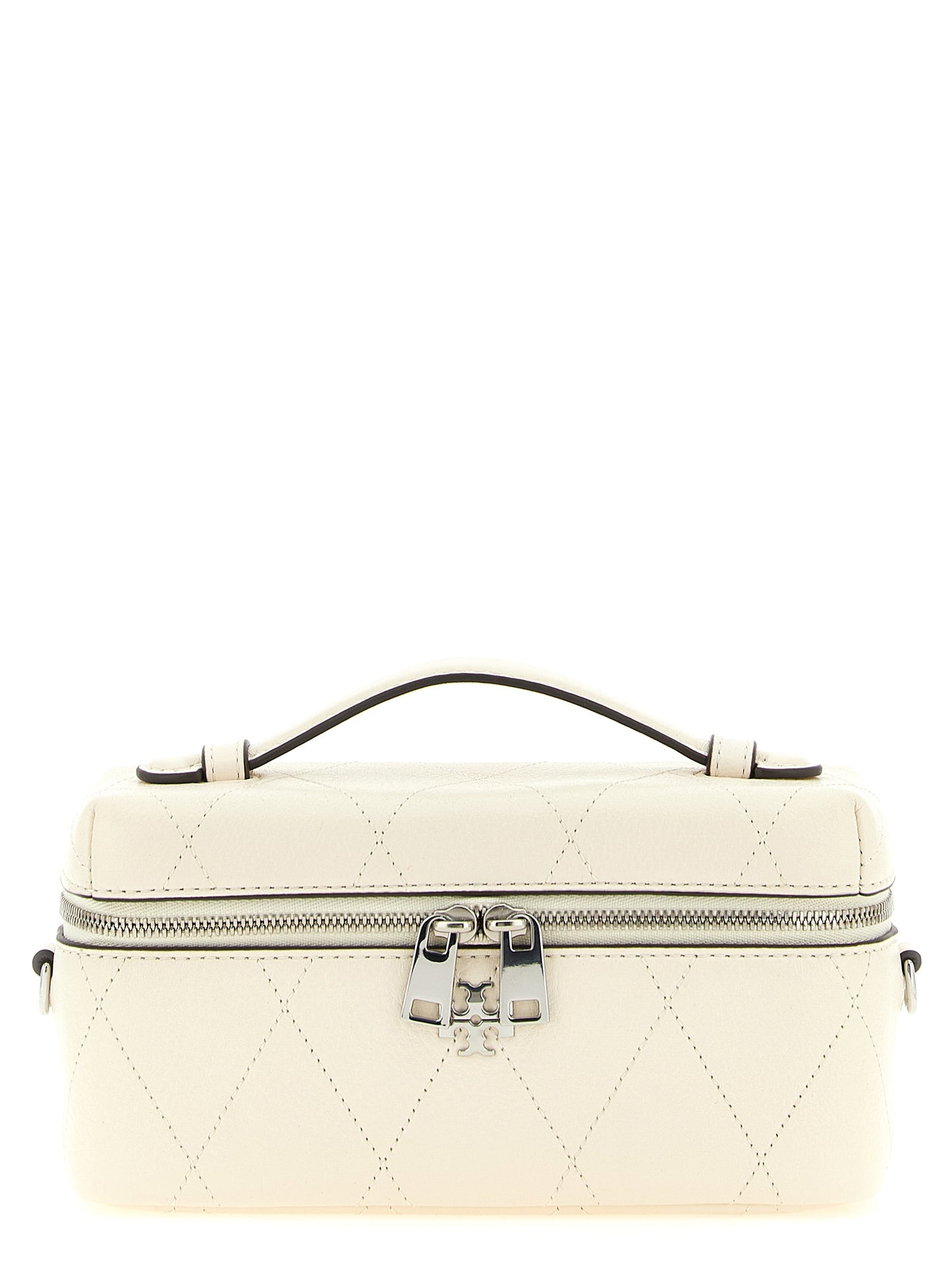 Crossbody Quilted Vanity Handbag by Tory Burch for women in leather cream, silver, white & signature features a versatile chic silhouette, meticulously detailed with a secure zipper, ample built-in-compartments & cardholder, and versatile crossbody-strap, shoulder-strap, handle & detachable-strap.