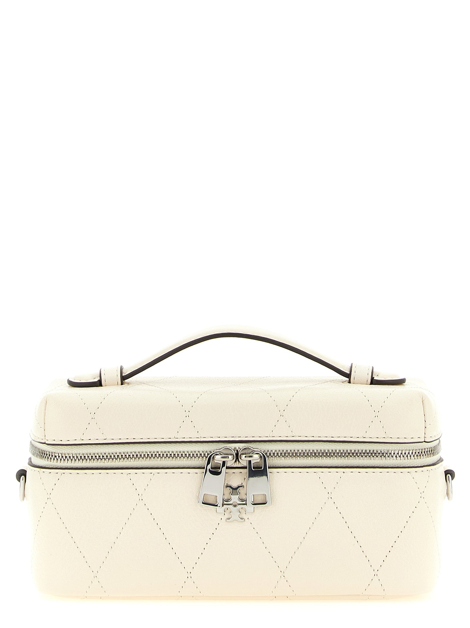Crossbody Quilted Vanity Handbag by Tory Burch for women in leather cream, silver, white & signature features a versatile chic silhouette, meticulously detailed with a secure zipper, ample built-in-compartments & cardholder, and versatile crossbody-strap, shoulder-strap, handle & detachable-strap.