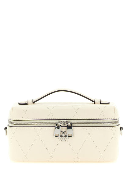 Crossbody Quilted Vanity Handbag by Tory Burch for women in leather cream, silver, white & signature features a versatile chic silhouette, meticulously detailed with a secure zipper, ample built-in-compartments & cardholder, and versatile crossbody-strap, shoulder-strap, handle & detachable-strap.