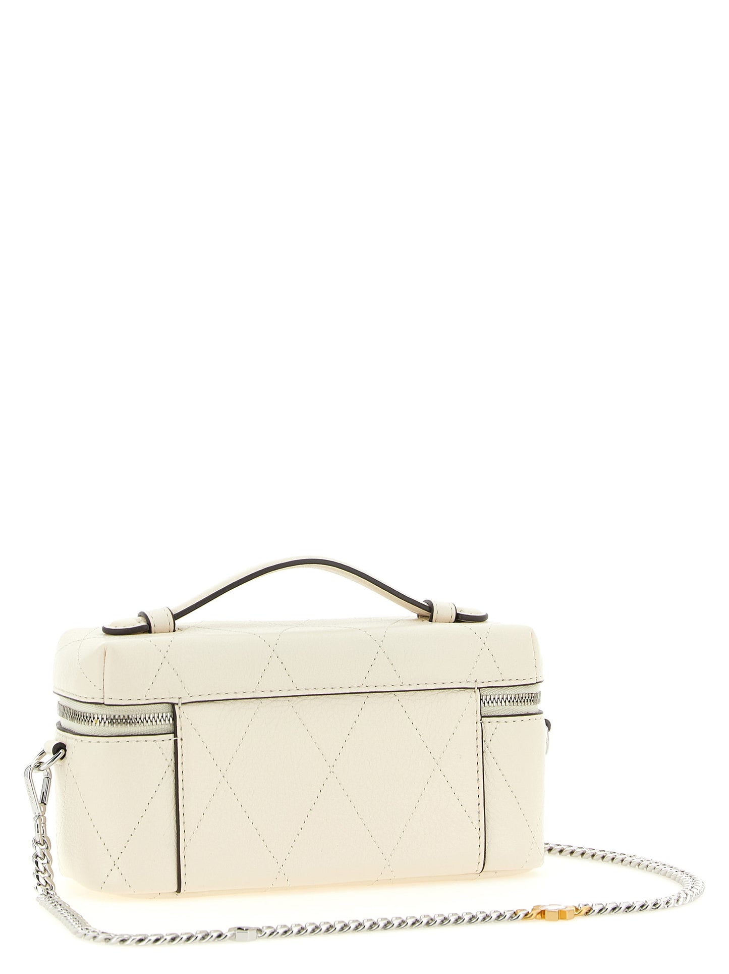 Crossbody Quilted Vanity Handbag by Tory Burch for women in leather cream, silver, white & signature features an multi-faceted design with a secure zipper, ample built-in-compartments & cardholder, and versatile crossbody-strap, shoulder-strap, handle & detachable-strap for a multi-faceted finish.