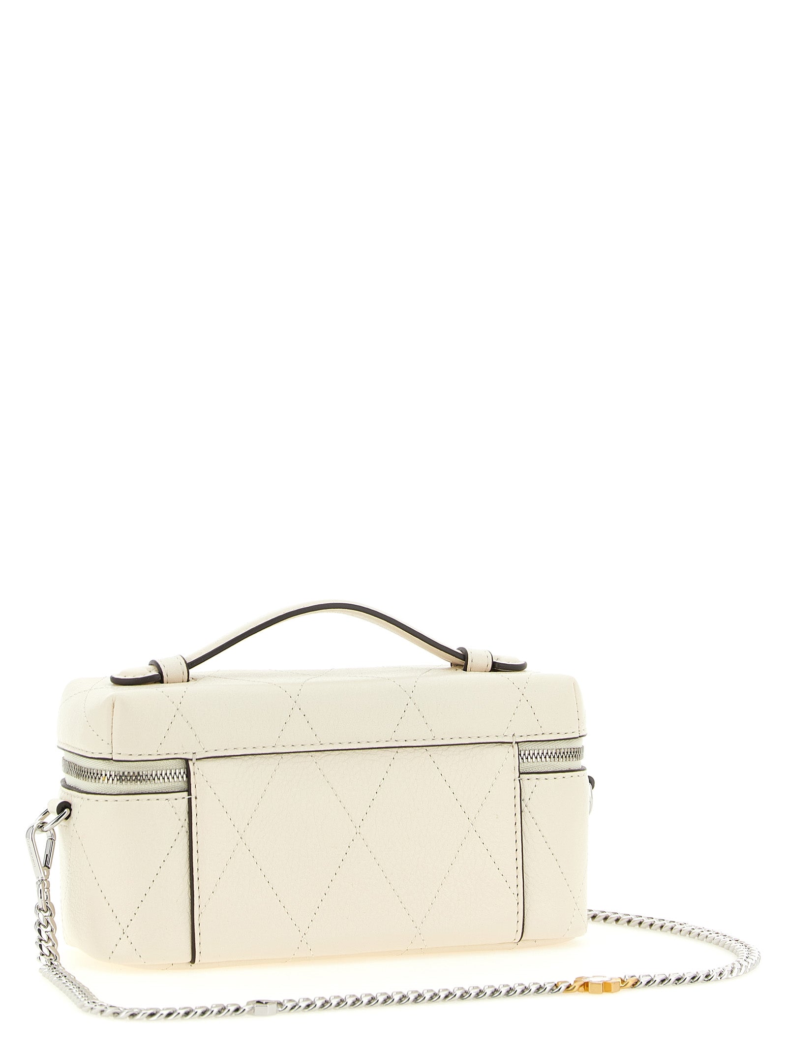 Crossbody Quilted Vanity Handbag by Tory Burch for women in leather cream, silver, white & signature features an multi-faceted design with a secure zipper, ample built-in-compartments & cardholder, and versatile crossbody-strap, shoulder-strap, handle & detachable-strap for a multi-faceted finish.
